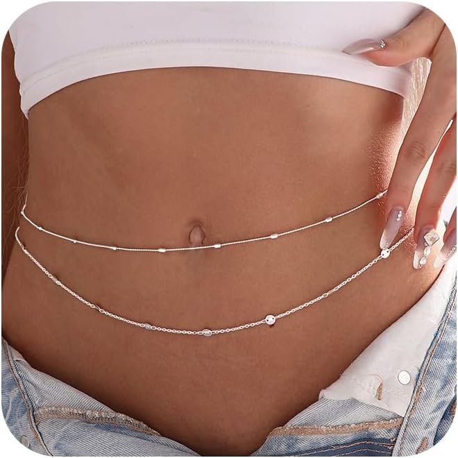 51diuCUbKyL._AC_SL1500_.jpg HANNEA® Waist Chain for Women Sexy, Set of 2pcs Sequin Silver Plated Belly 2-Layered Waist Beads Coin Chain Dainty Body Chains Jewelry, Bikini Beach Wear Gifts for Women 26.5-33Inch - Image 1