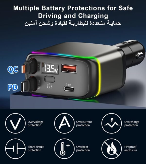 XXZU 137W Fast Charging Car Charger，4-in-1 Adapter with 2 Retractable Cable | Cigarette Lighter with 65W Retractable Cable, USB C and USB A Charging Ports, Voltage Display, for iPhone/Android/iPad/Laptop - Image 14