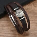 Multilayer Brown PU Leather Bracelet, Braided Magnetic-Clasp Wrap Bangle for Men - Image 9