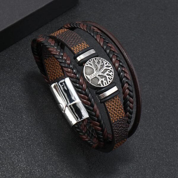 Multilayer Brown PU Leather Bracelet, Braided Magnetic-Clasp Wrap Bangle for Men - Image 6